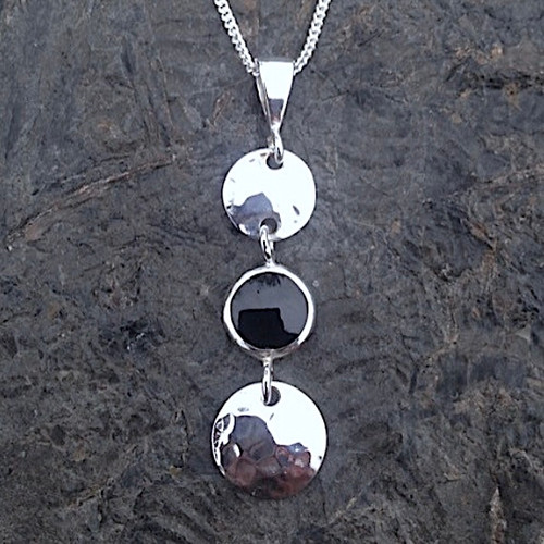 Long Whitby Jet hammered sterling silver three disc circular pendant