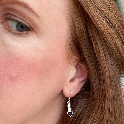 Hand crafted 925 silver sparkly earrings with hand carved natural black heart shaped gemstones Hand crafted 925 silver sparkly earrings with hand carved natural black heart shaped gemstones