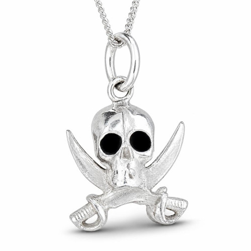 Gothic silver skull swords pendant with Whitby Jet eyes