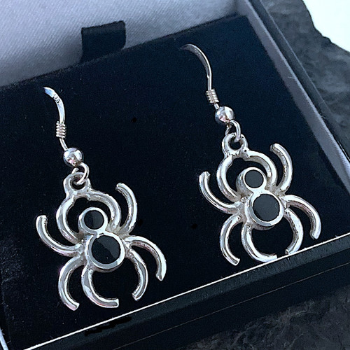 Handmade sterling silver Whitby Jet spider drop earrings