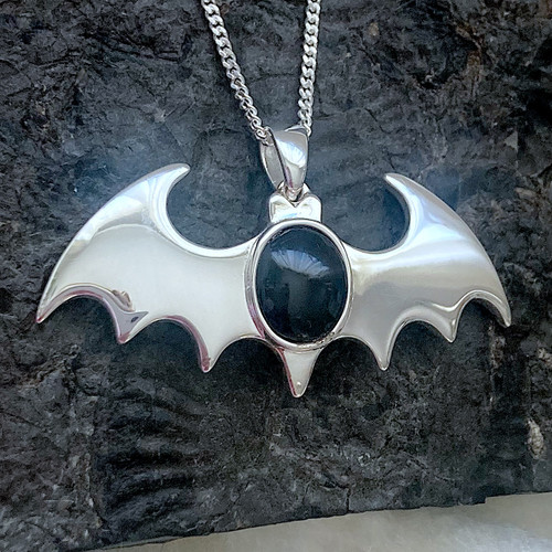 Large sterling silver bat necklace with oval Whitby Jet cabochon