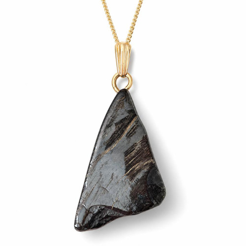 Polished sea washed Whitby Jet pendant on 9ct gold curb chain
