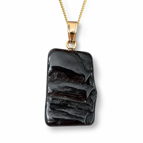 Handmade natural shape Whitby Jet pendant with 9K gold curb chain