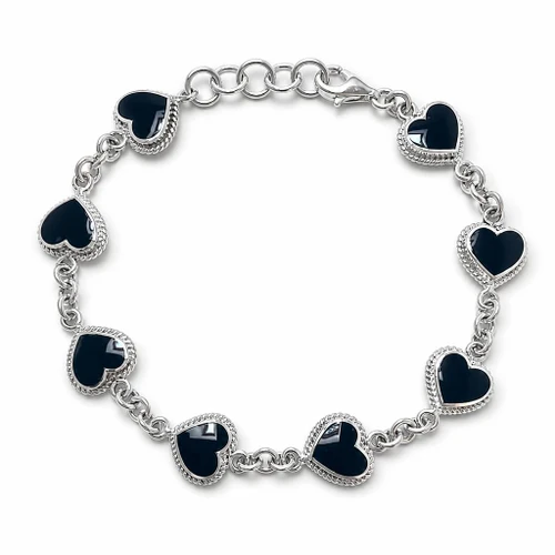 Sterling silver Whitby Jet multi stone rope edge love heart bracelet with secure trigger clasp
