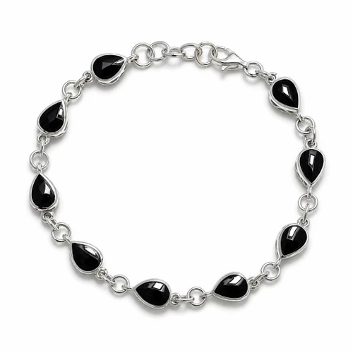 Sterling silver Whitby Jet multi stone pear drop bracelet with secure trigger clasp