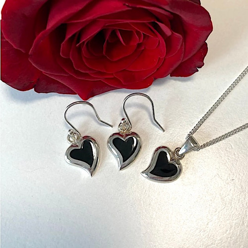 Contemporary Whitby Jet sterling silver heart pendant and earrings matching gift set
