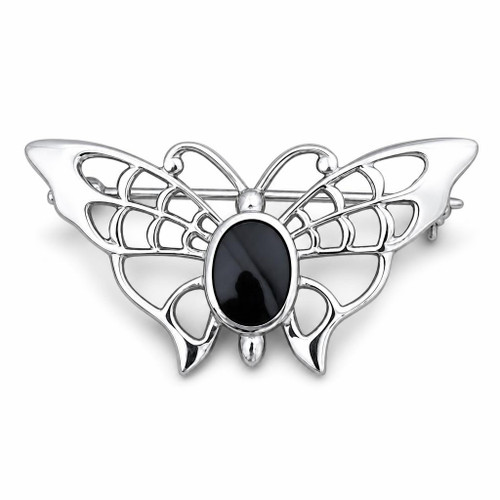 Hand crafted sterling silver Whitby Jet butterfly horizontal pin brooch with oval stone