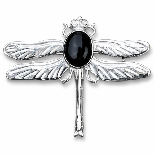Large sterling silver dragonfly horizontal pin brooch with oval Whitby Jet cabochon