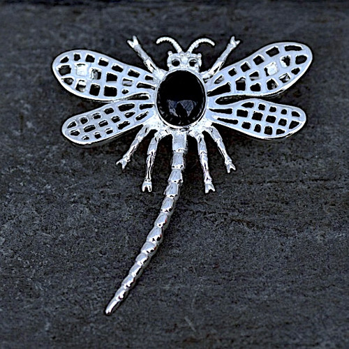 Large hand crafted sterling silver dragonfly pin brooch with oval Whitby Jet cabochon