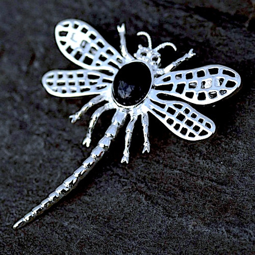 Large hand crafted sterling silver dragonfly pin brooch with oval Whitby Jet cabochon