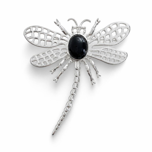 Large hand crafted sterling silver dragonfly pin brooch with oval Whitby Jet cabochon