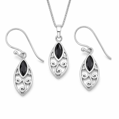 Hand crafted 925 silver necklace and drop earring gift set with marquise Jet stones