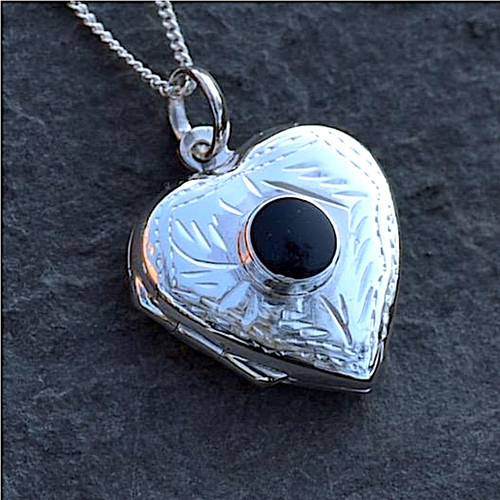 Hand crafted sterling silver love heart locket pendant necklace with round Whitby Jet stone Hand crafted sterling silver love heart locket pendant necklace with round Whitby Jet stone