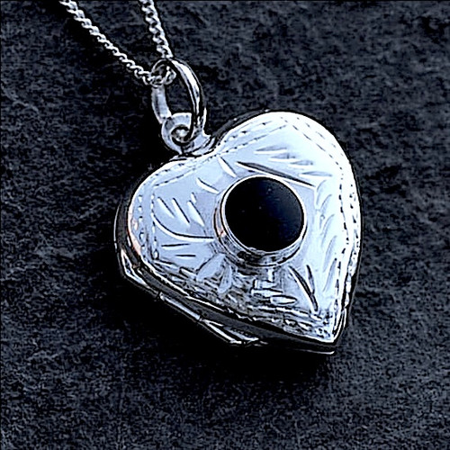 Hand crafted sterling silver love heart locket pendant necklace with round Whitby Jet stone