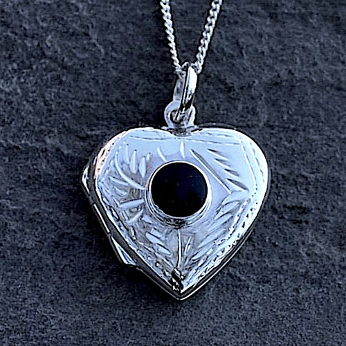 Medium solid silver heart locket with hand carved Whitby Jet stone