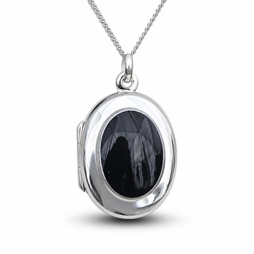 Hand crafted oval 925 silver locket necklace with hand carved natural black gemstone in silver frame