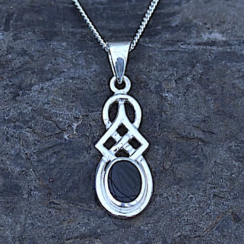 Classic sterling silver Celtic Whitby Jet pendant with oval stone on silver curb chain