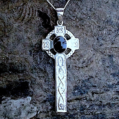 Hand crafted long Celtic sterling silver cross pendant necklace with oval Whitby Jet stone