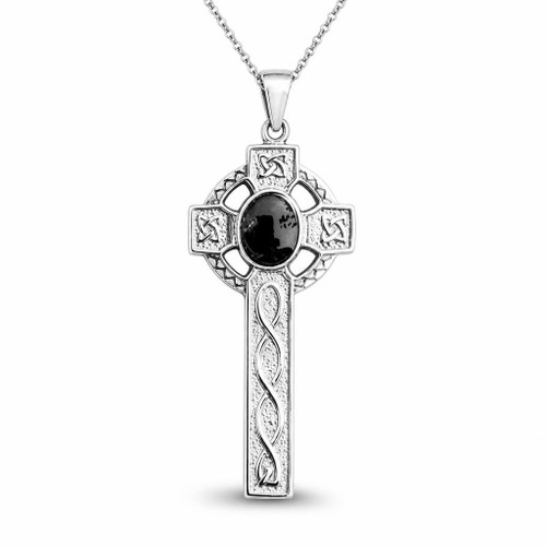 Hand crafted long Celtic sterling silver cross pendant necklace with oval Whitby Jet stone