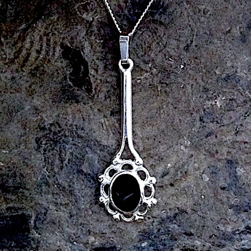Long sterling silver necklace with oval Whitby Jet stone and frill and bead edge