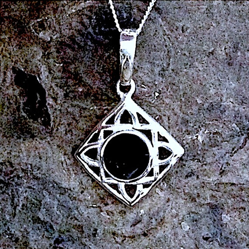 Sterling silver hand crafted Square Celtic Whitby Jet pendant necklace