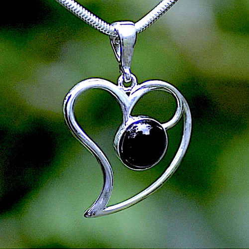 Contemporary large sterling silver Whitby Jet open heart pendant with heavy snake chain