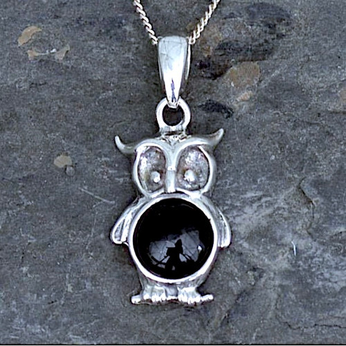 Hand crafted sterling silver owl pendant necklace with round Whitby Jet cabochon