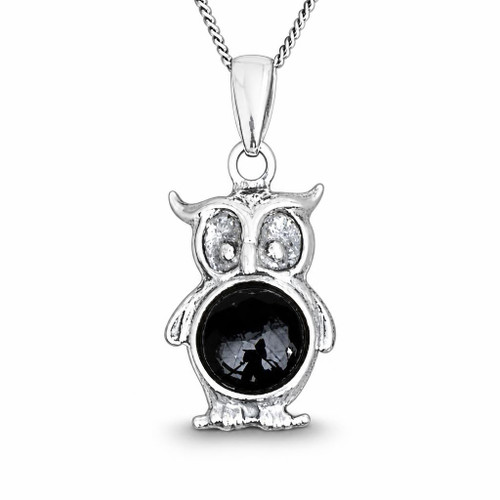 Hand crafted sterling silver owl pendant necklace with round Whitby Jet cabochon