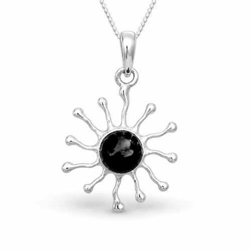 Contemporary sterling silver Sun Burst pendant necklace with Whitby Jet cabochon