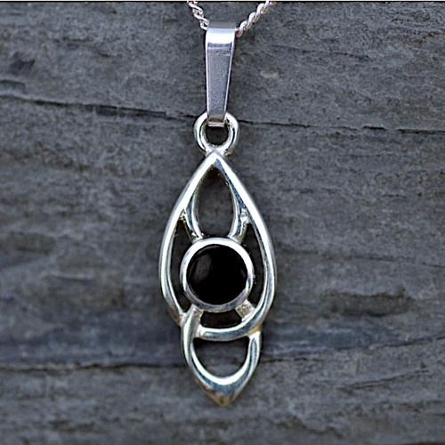 Hand crafted sterling silver Whitby Jet Celtic loop pendant necklace