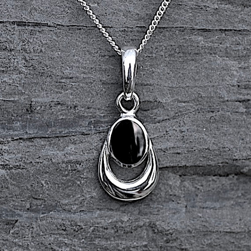 Hand crafted Whitby Jet and sterling silver horseshoe pendant necklace