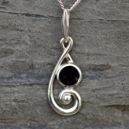 Hand crafted 925 silver Music note necklace with Whitby Jet