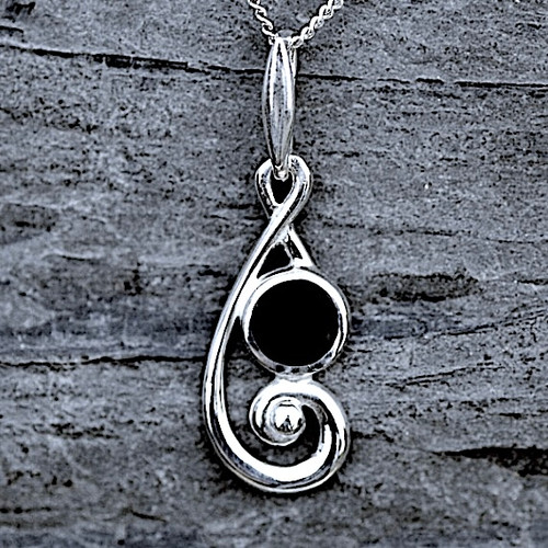 Hand crafted 925 sterling silver treble clef pendant necklace with round Whitby Jet stone