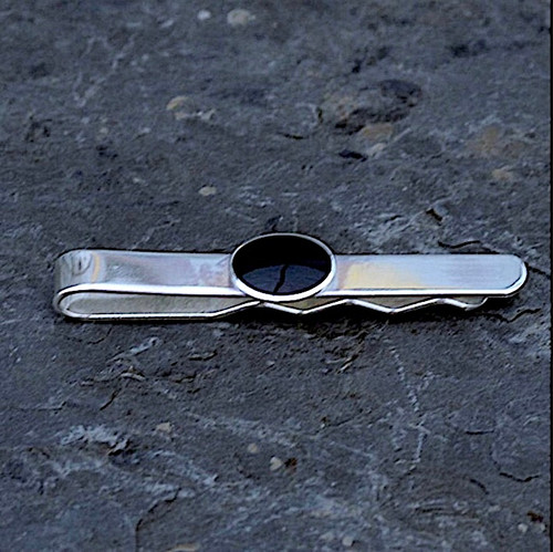 Gents classic sterling silver tie slide with black oval hand carved Whitby Jet stone
