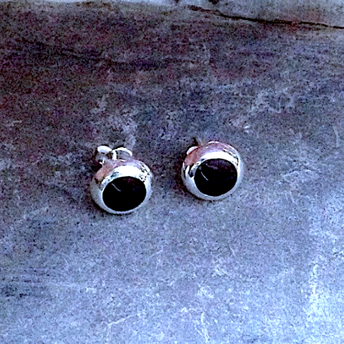 Medium round Whitby Jet and sterling silver cushion edge stud earrings