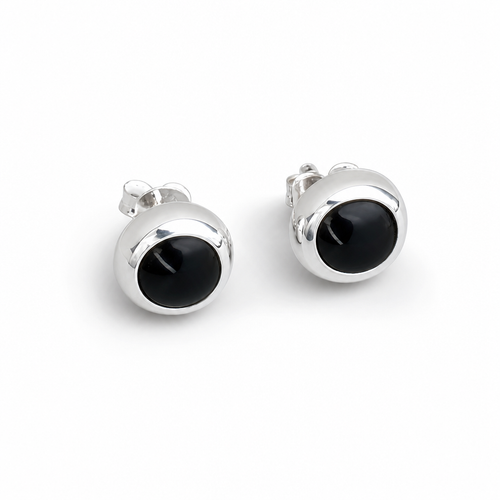 Medium round Whitby Jet and sterling silver cushion edge stud earrings