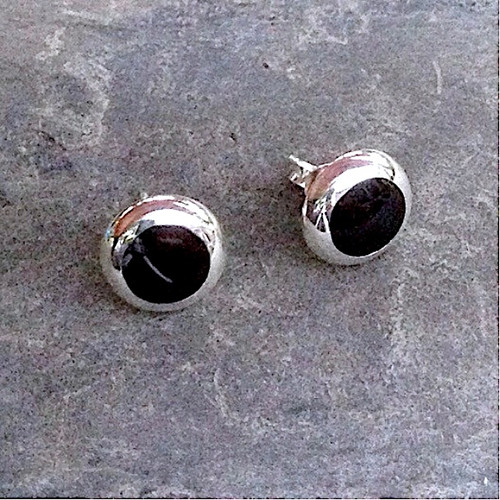 Hand crafted large round sterling silver and Whitby Jet cushion edge stud earrings
