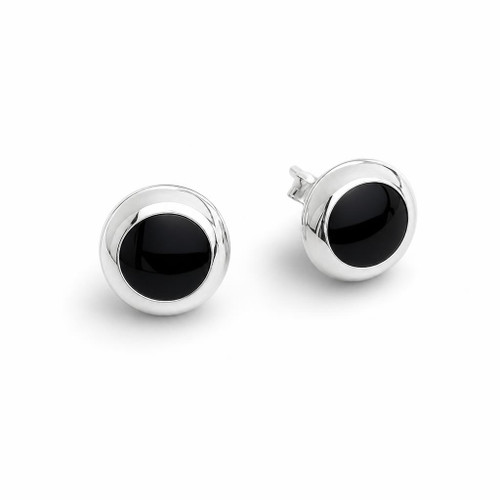 Hand crafted large round sterling silver and Whitby Jet cushion edge stud earrings