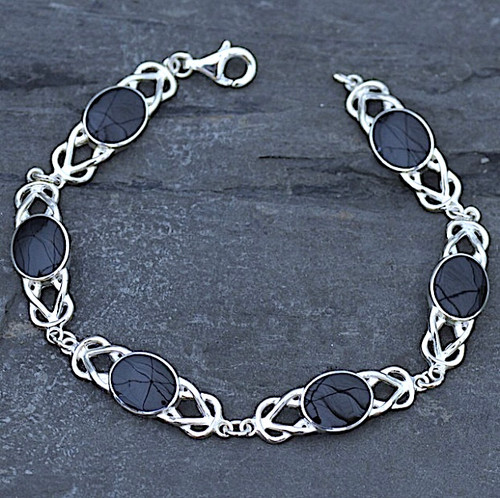 Hand crafted Whitby Jet and sterling silver Celtic oval multi stone bracelet