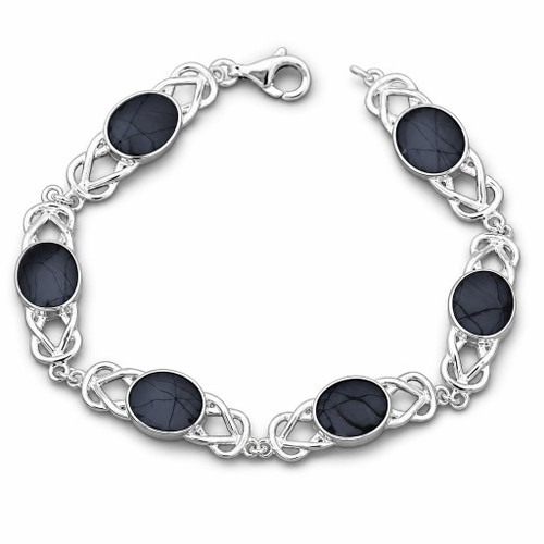 Hand crafted Whitby Jet and sterling silver Celtic oval multi stone bracelet