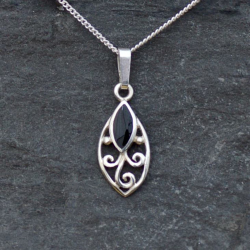 Sterling silver marquise pendant with scroll detail and Whitby Jet marquise stone