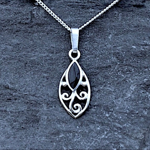 Sterling silver marquise pendant necklace with scroll detail Whitby Jet marquise stone