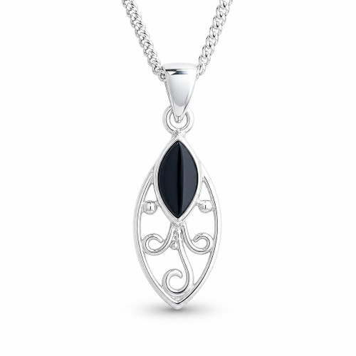 Sterling silver marquise pendant necklace with scroll detail Whitby Jet marquise stone