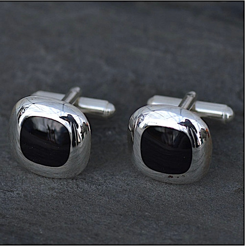 Gents sterling silver swivel T bar cufflinks with square Whitby Jet stones and wide curved cushion edge