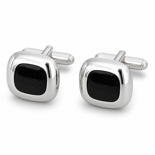 Gents sterling silver swivel T bar cufflinks with square Whitby Jet stones and wide curved cushion edge
