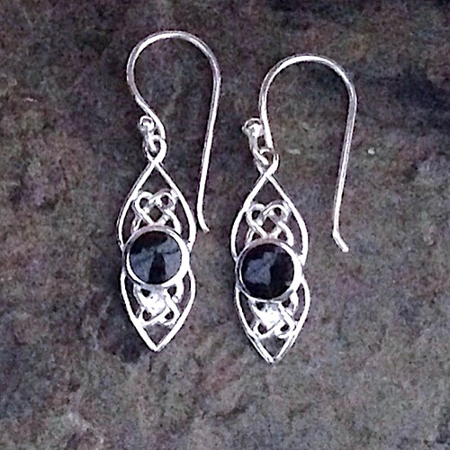 Sterling silver Celtic style drop earrings with round Whitby Jet stones