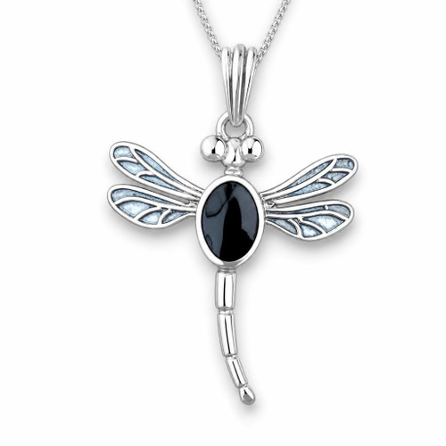 Medium sterling silver dragonfly pendant necklace with oval Whitby Jet stone