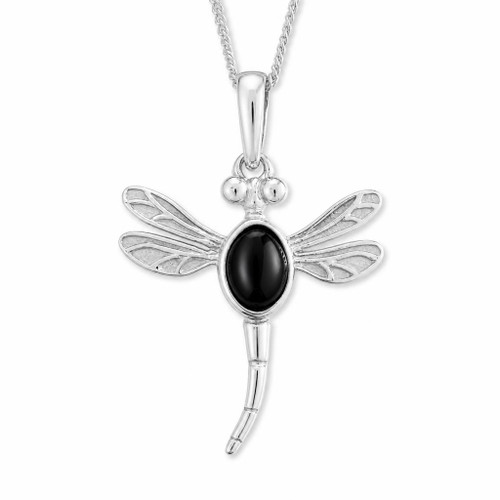 Medium sterling silver dragonfly pendant necklace with oval Whitby Jet stone