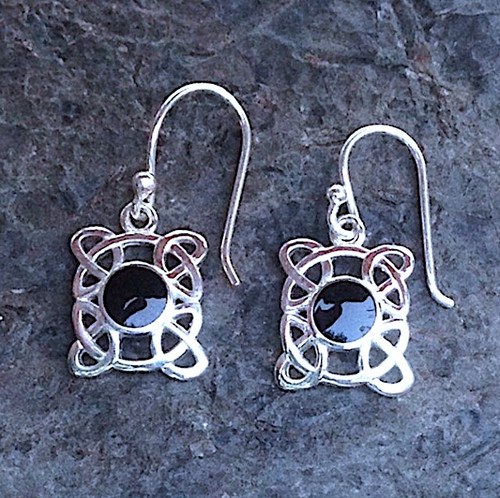 Hand crafted sterling silver and Whitby Jet round Celtic style drop earrings