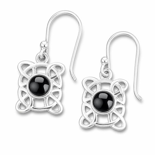Hand crafted sterling silver and Whitby Jet round Celtic style drop earrings